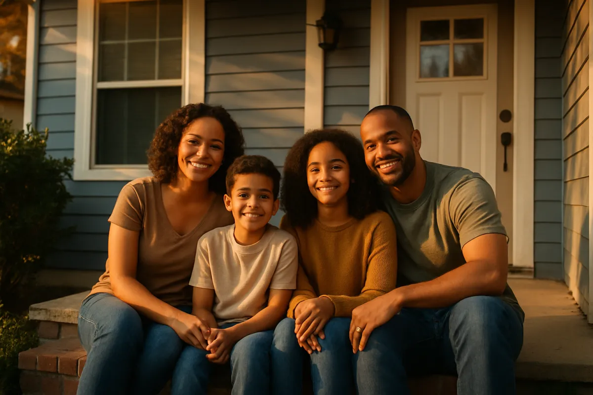 A family sitting together on their front porch steps in warm evening light, the settled home life a steady income is meant to support