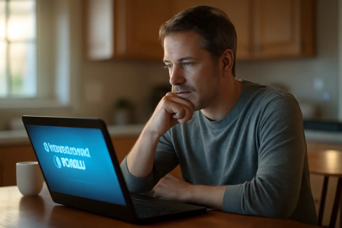 A person sitting at a kitchen table resting their chin on one hand while looking at an open laptop with a bright blue screen