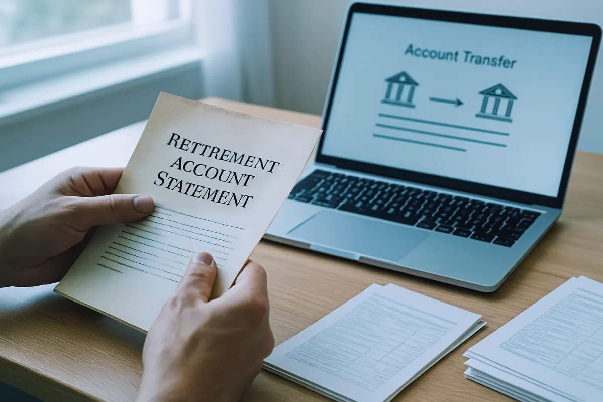 Hands organizing old retirement account statements beside a laptop showing a transfer screen on a tidy desk