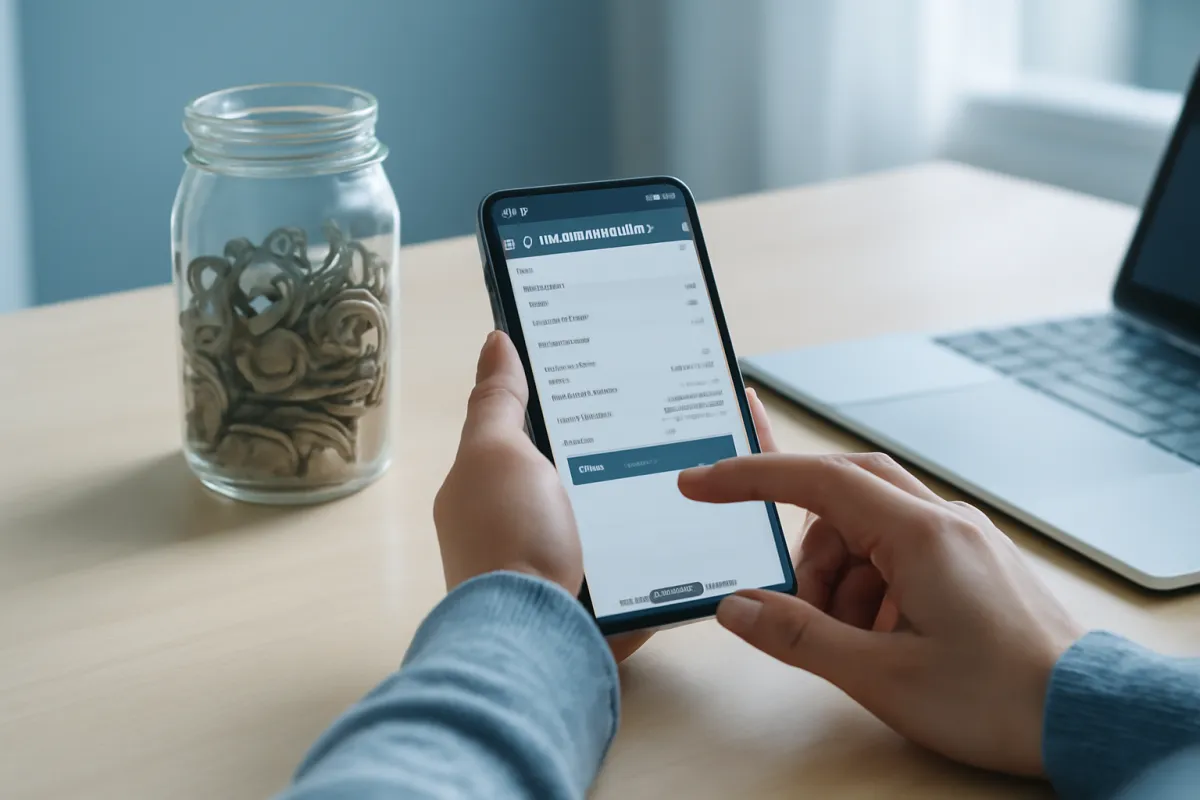 A person setting up an automatic monthly savings transfer on a phone beside a jar of coins and a laptop