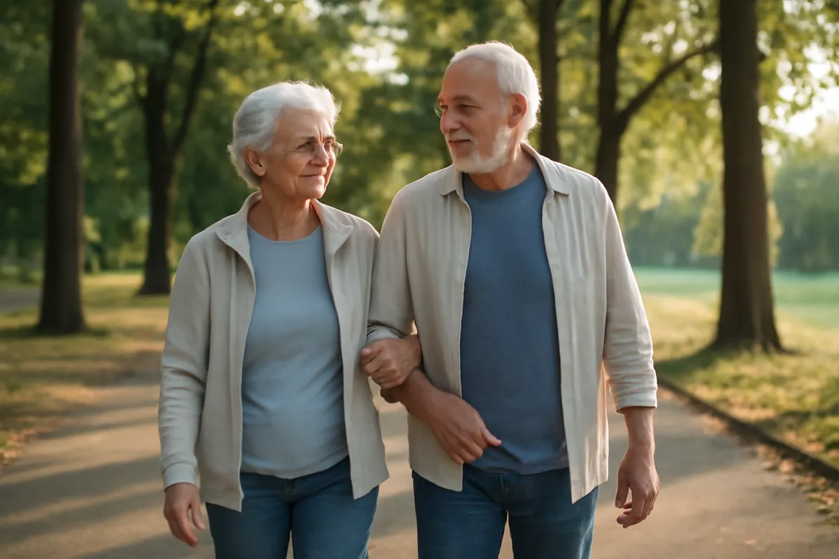 An older couple walking together along a quiet tree-lined path in warm afternoon light