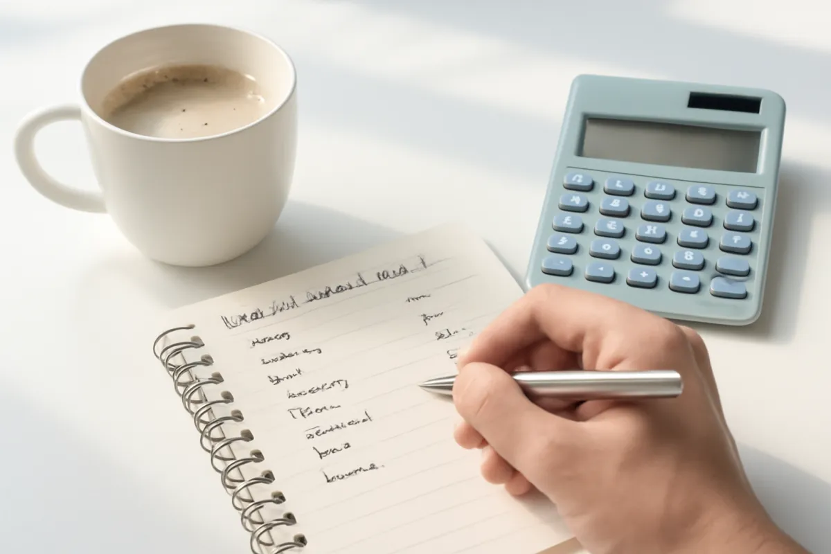 A hand writing values line by line in a notebook beside a calculator and a coffee cup