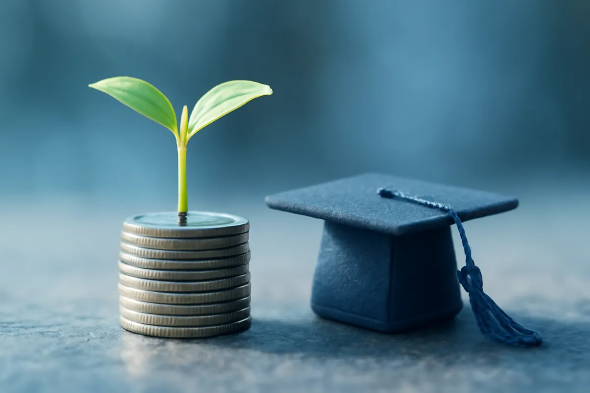 A small green seedling sprouting from a stack of coins beside a tiny graduation cap