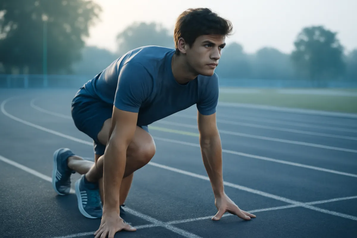 A runner poised at a starting line, representing the value of beginning to invest early