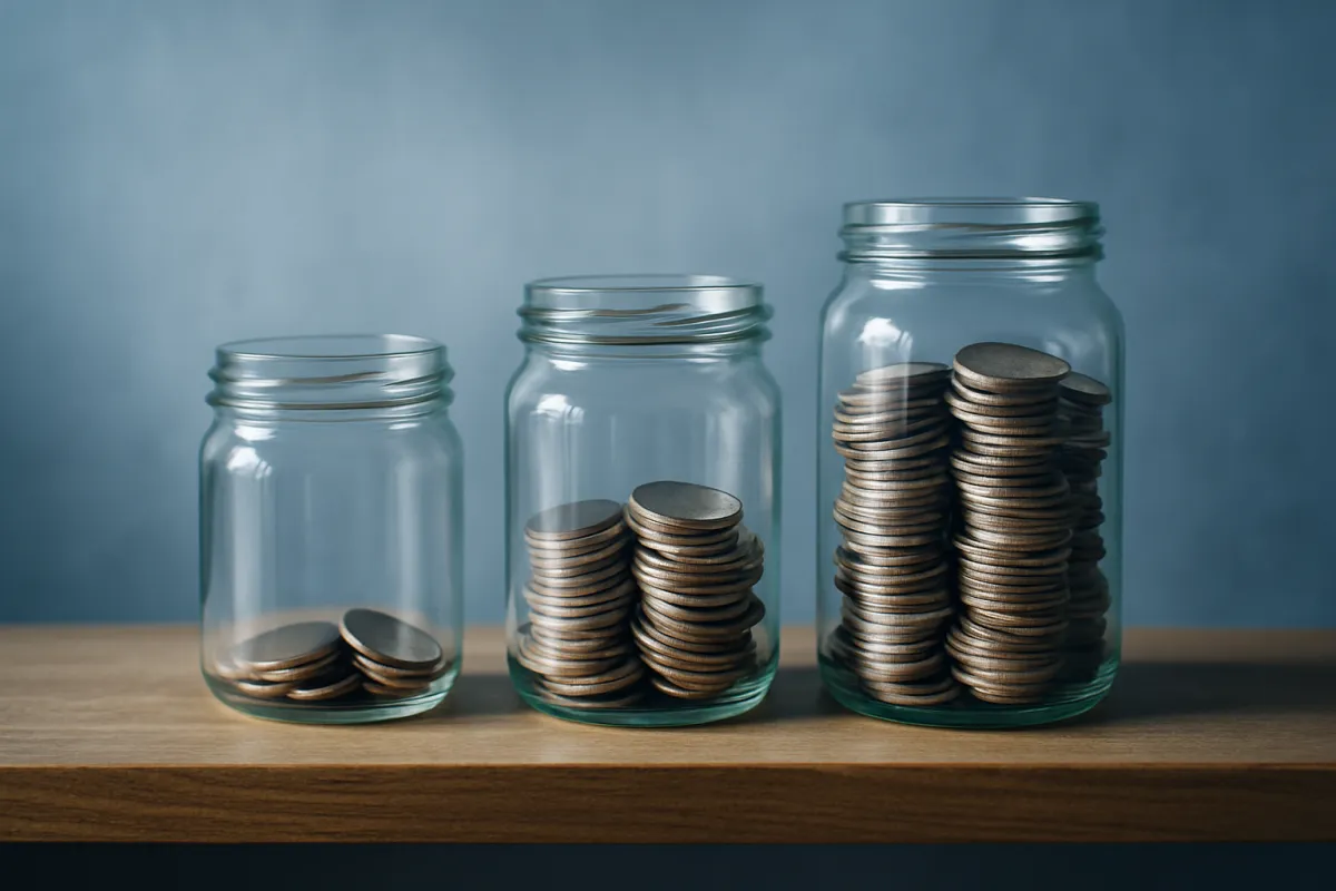 Three glass jars holding progressively more coins on a shelf, standing in for two similar plans built on the same frame