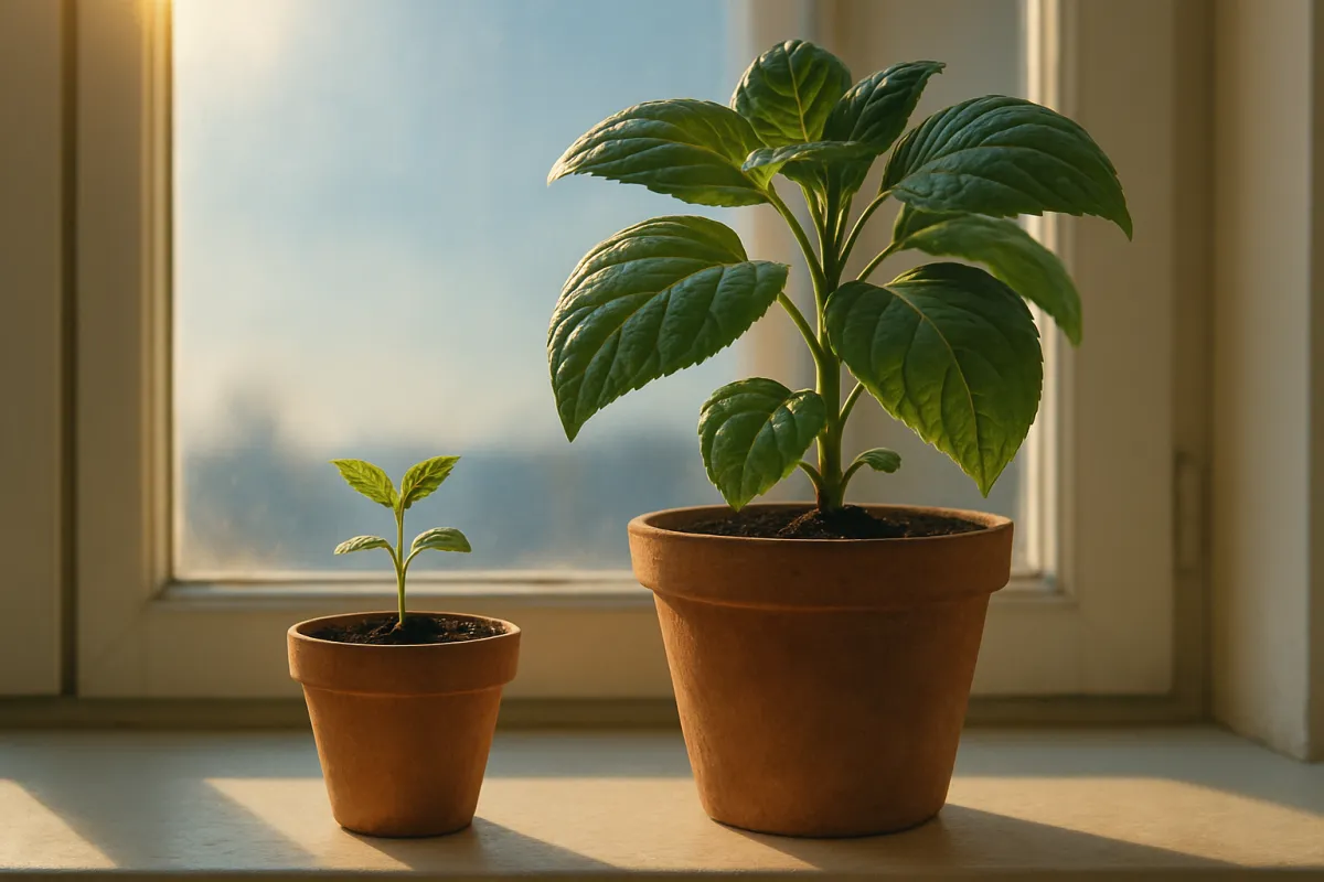 Two terracotta pots on a sunlit windowsill, a small seedling with a few leaves in the smaller pot and a taller leafy plant in the larger one