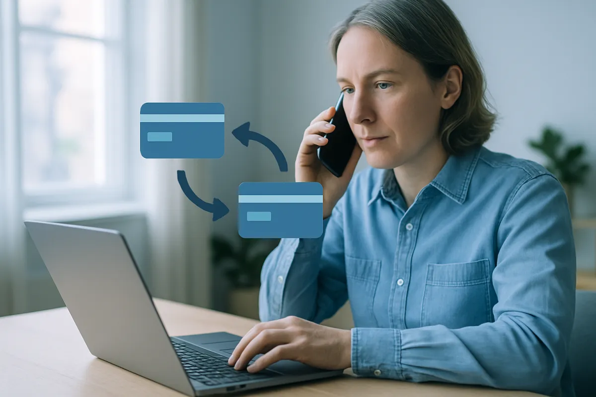 A person on a phone and laptop arranging a direct trustee-to-trustee transfer between two financial institutions
