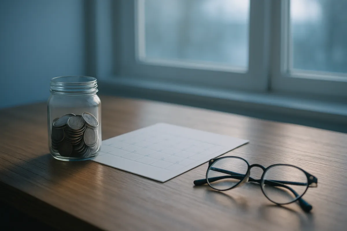 A glass jar of coins and a blank grid-ruled paper sheet beside a pair of round eyeglasses on a wooden desk near a window