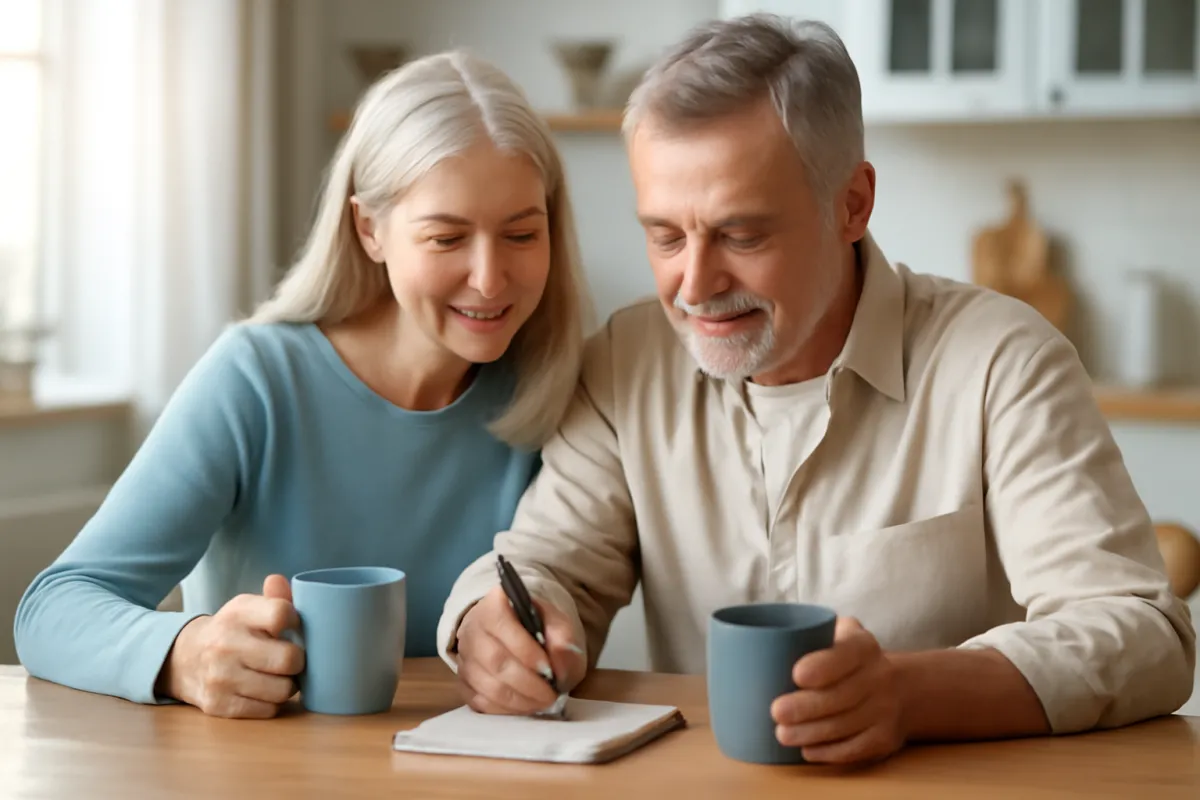 A relaxed couple in their early sixties planning retirement together at a sunlit kitchen table
