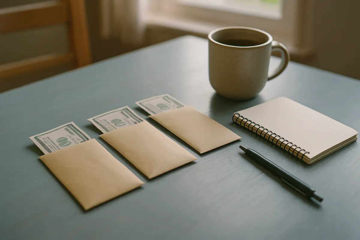 Three tan paper envelopes with cash tucked inside, lined up on a table beside a blank notebook, a pen and a mug