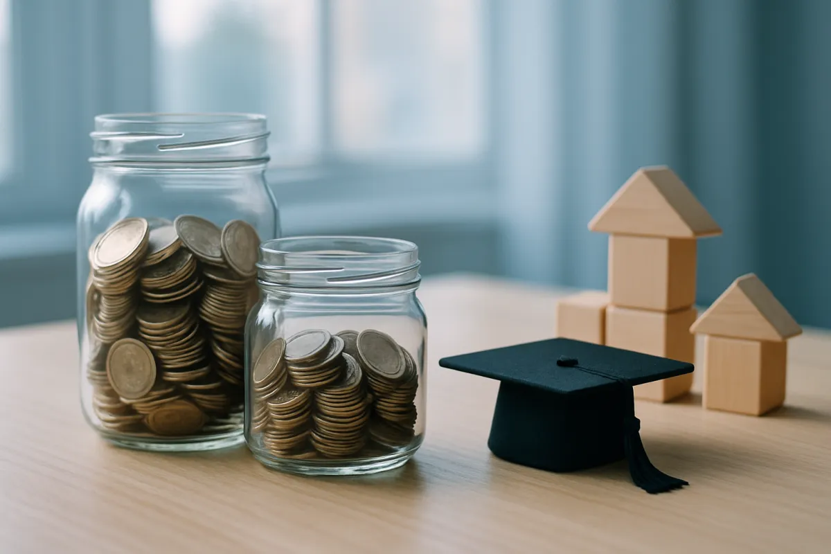 Two glass jars partly filled with coins beside a black graduation cap and pale wooden blocks on a light wood table