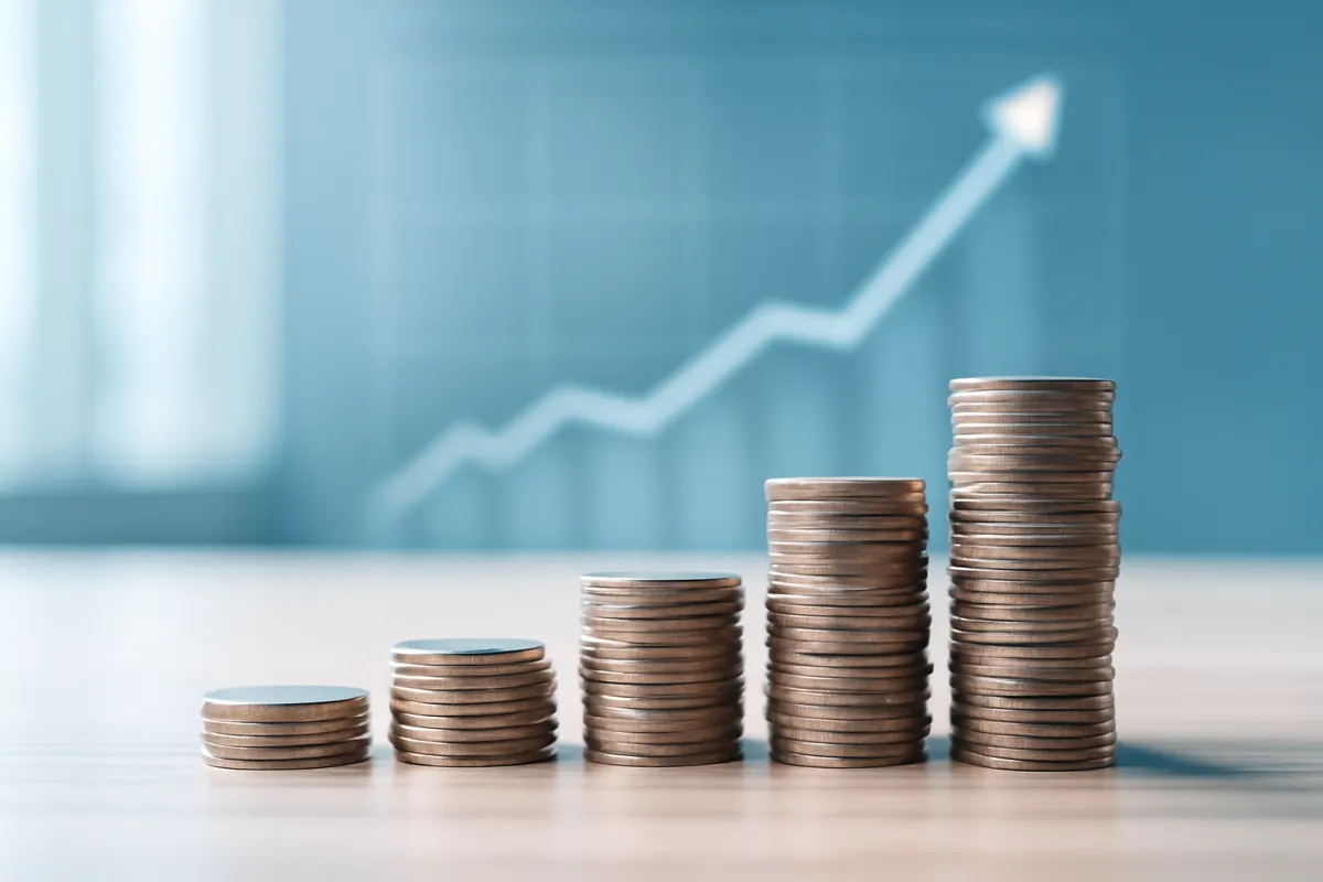 A conceptual arrangement of rising coin stacks beside a softly blurred upward growth chart on a clean desk in cool blue daylight