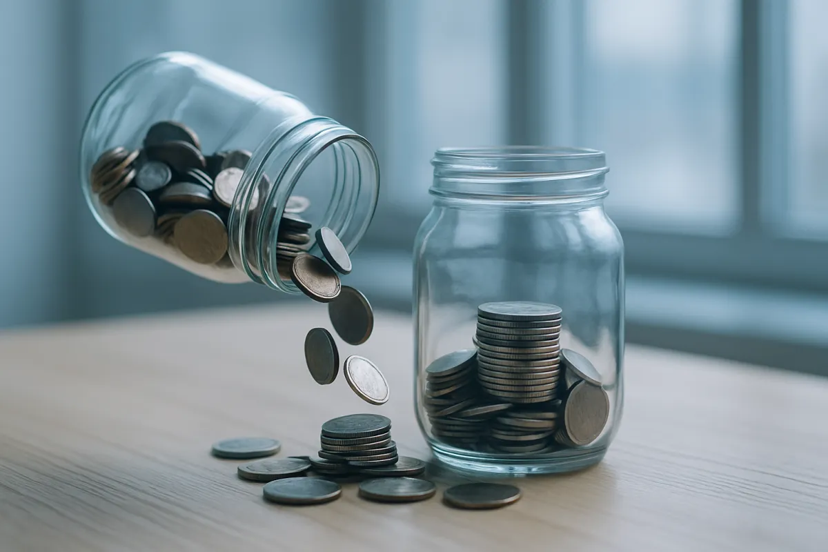 One glass jar of coins tipped toward a second upright jar on a pale wooden table in cool window light, coins mid-fall between them