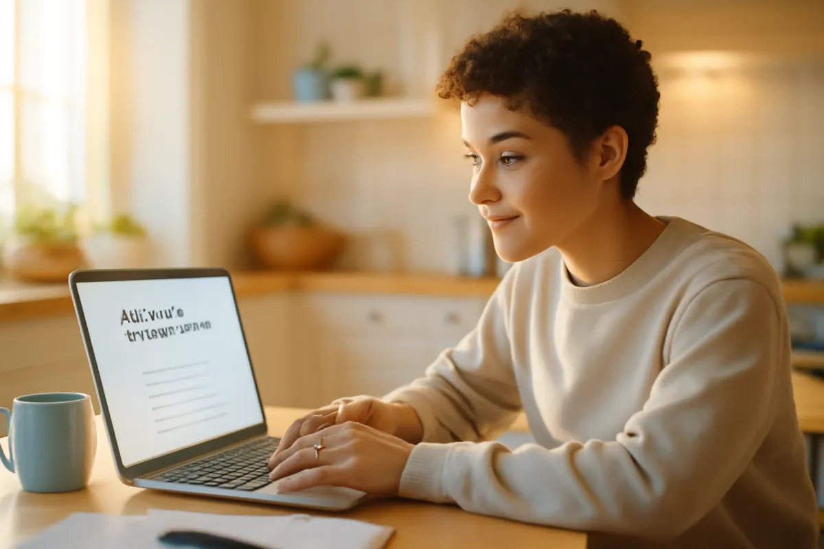 A young person setting up an investment account on a laptop at a bright table in warm morning light