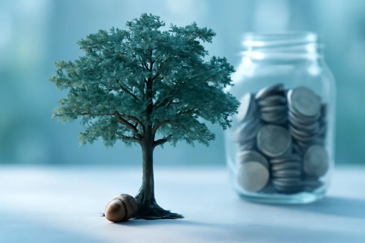 A model oak tree with an acorn at its base beside a jar of coins, representing long-term tax-free growth