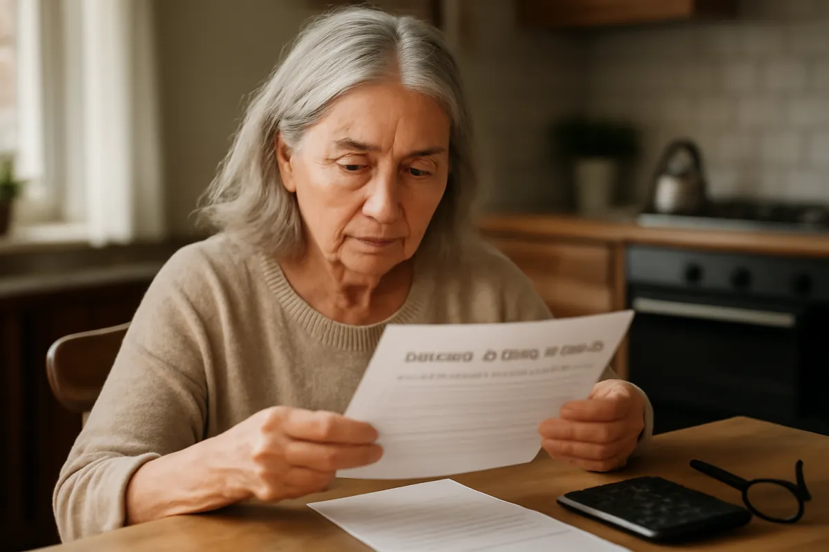 A woman with grey hair in a blue sweater sitting at a sunlit kitchen table with a printed page in hand, a calculator and glasses nearby