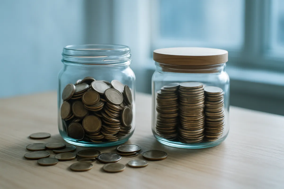 Two glass jars on a light wooden table by a window, the left one open with loose coins inside and more scattered across the table, the right one sealed under a wooden lid with coins stacked in neat columns