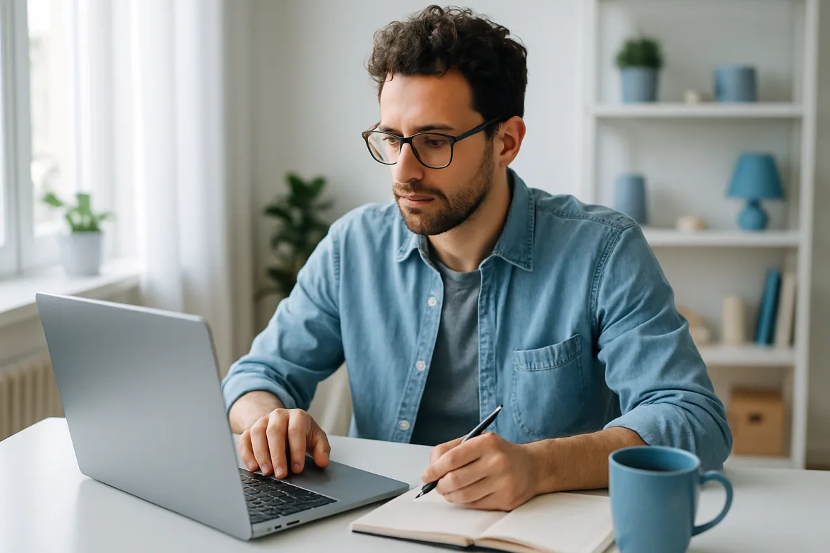 A person in a blue denim shirt working at a white desk with a laptop, an open notebook and a blue mug, in a bright room with a curtained window